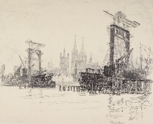 Construyendo el Puente en Colonia, 1914 de Joseph Pennell